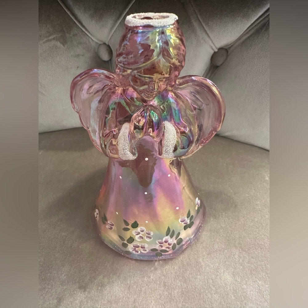 Fenton Art Glass Pink Iridescent Angel Figure Hand Painted Floral Signed 6.5"